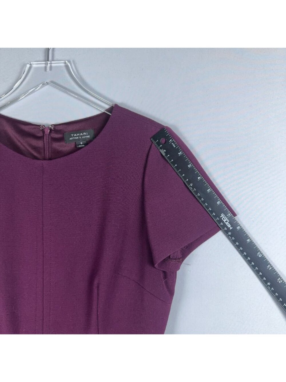 Tahari Arthur S. Levine Sheath Dress Women Size 8 Purple Short Sleeve Belted - Picture 10 of 12